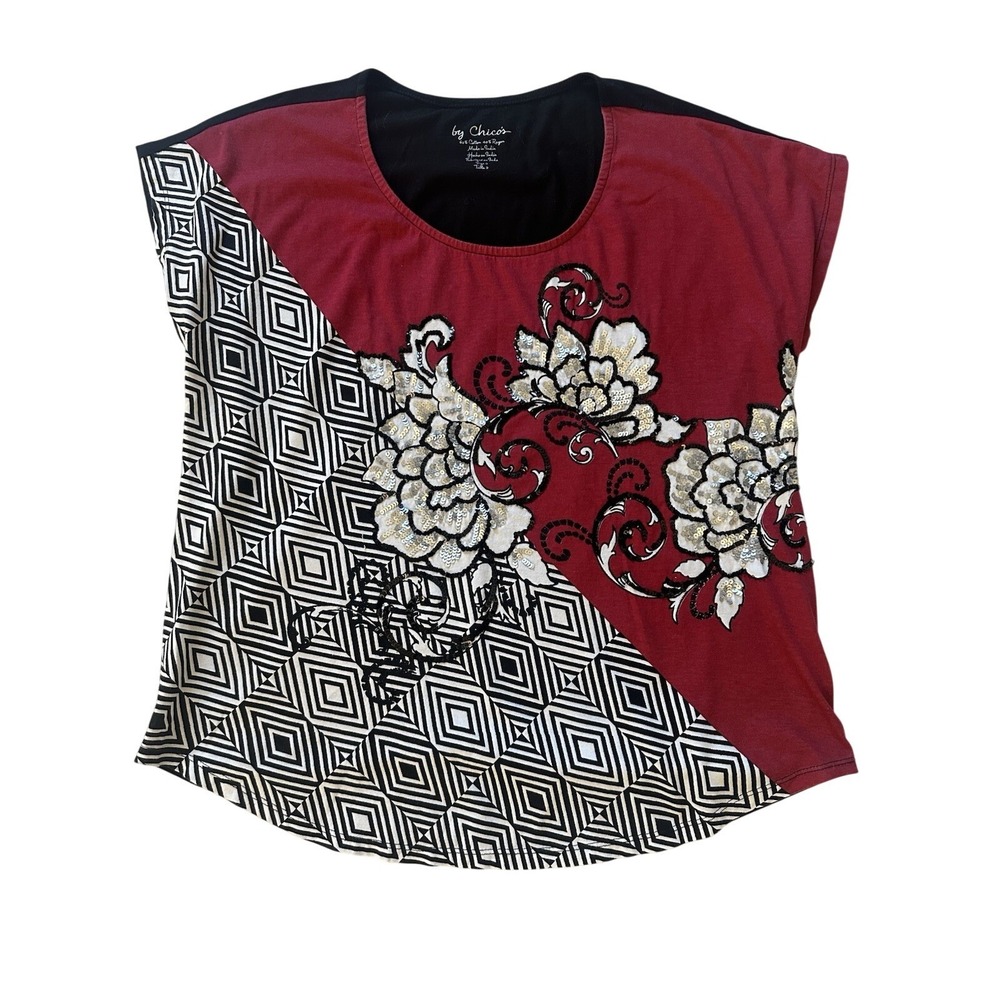 Chico's Short Sleeve Floral Geometric Print Women's L Faded Burgundy Black White